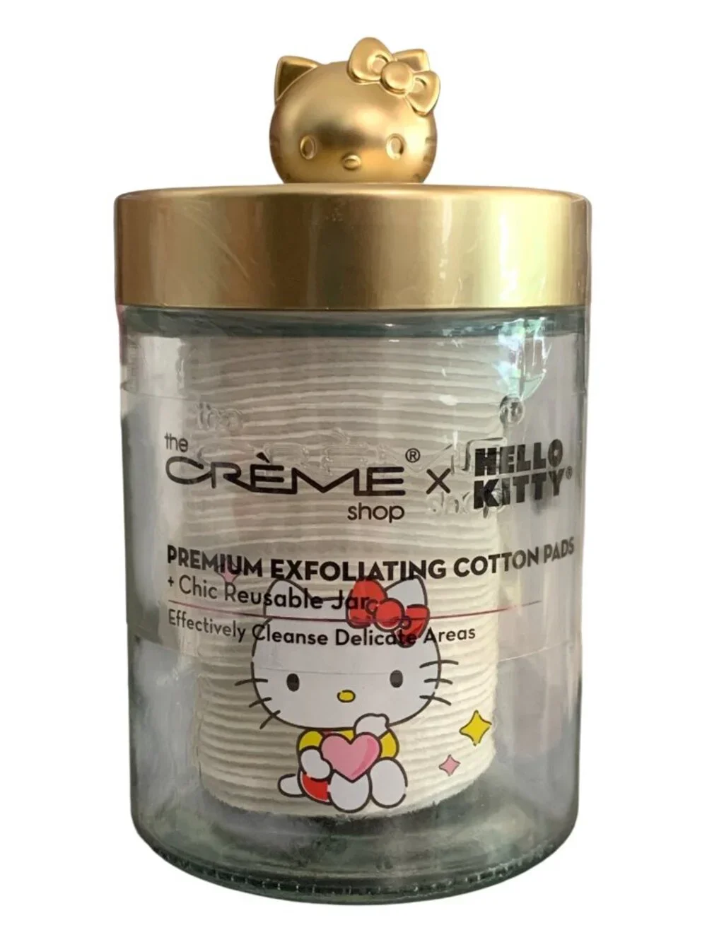The Crème Shop x Hello Kitty Glass Jars & Base Set Cotton Pads & Swabs Gold New